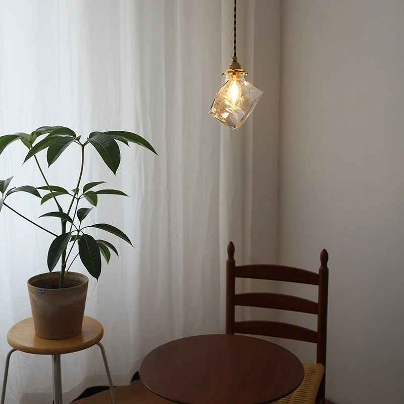 

Minimalist Japanese Clear Glass Pendant Light Ice Cube Design Hanging Lamps Bar Counter Bedside Living Room Background Fixtures