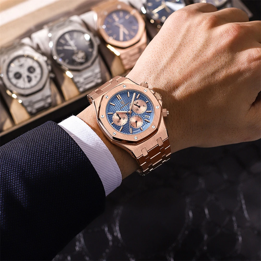 POEDAGAR, relojes originales de lujo para hombre, cronógrafo con fecha, reloj de cuarzo de acero inoxidable, reloj de pulsera luminoso resistente al agua a la moda para hombre