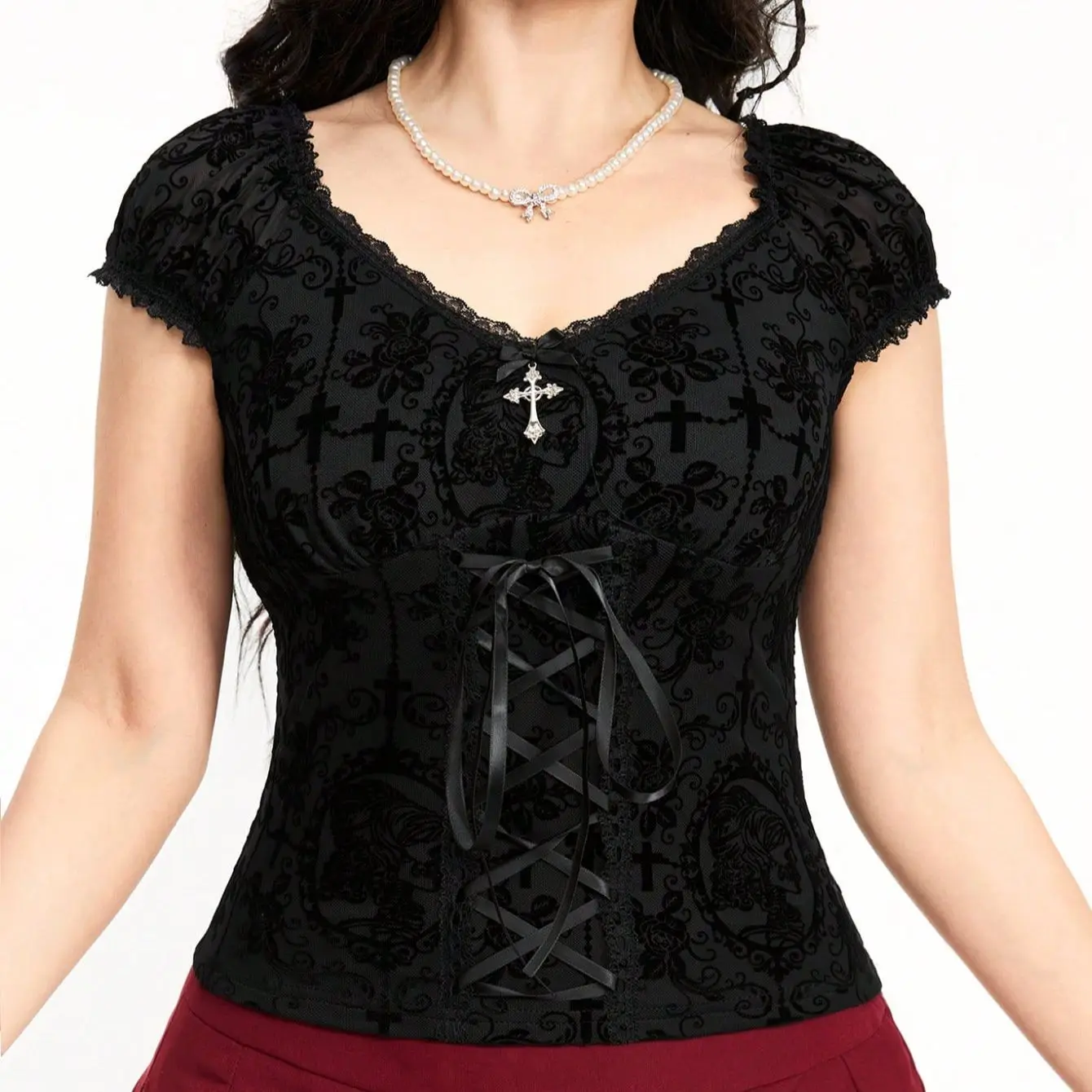Vintage Gothic Corset Top Women Casual Cross Pendant Lace Up Floral Print Ruffle Trim Short Sleeve Punk Style T-shirt Streetwear