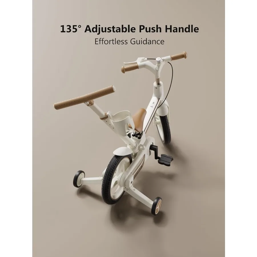 アップグレードされた幼児用自転車、プッシュハンドル付き、6 in 1、バランスバイクおもちゃ、補助輪、ブレーキ、カップホルダー、ペダル、キックスタンド付き