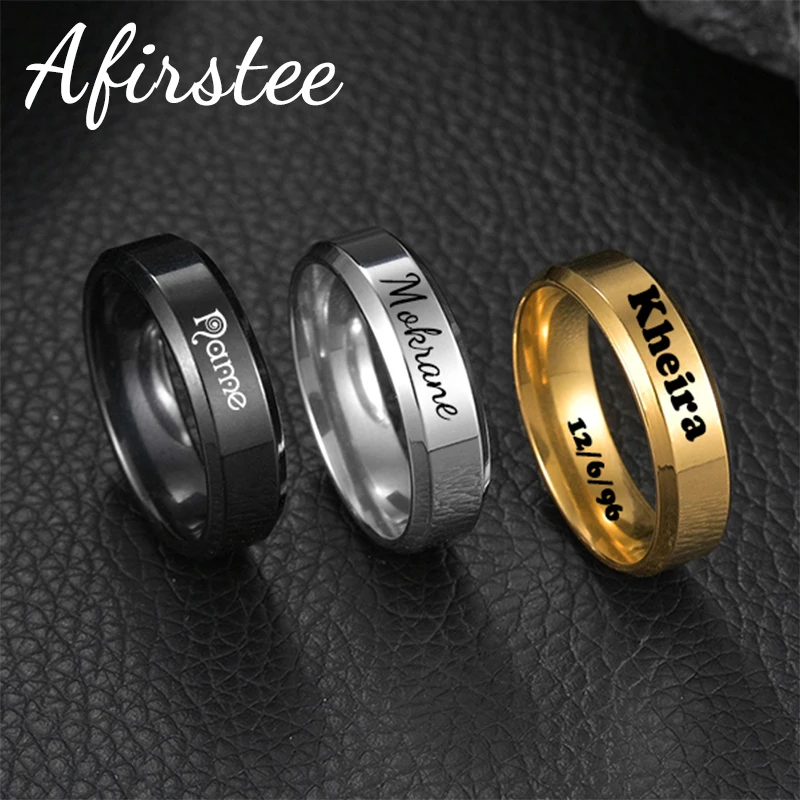 Afirstee Engrave Name Ring For Women Personalized Stainless Steel Letter Date Handwriting Rings For Girl Jewelry Birthday Gift