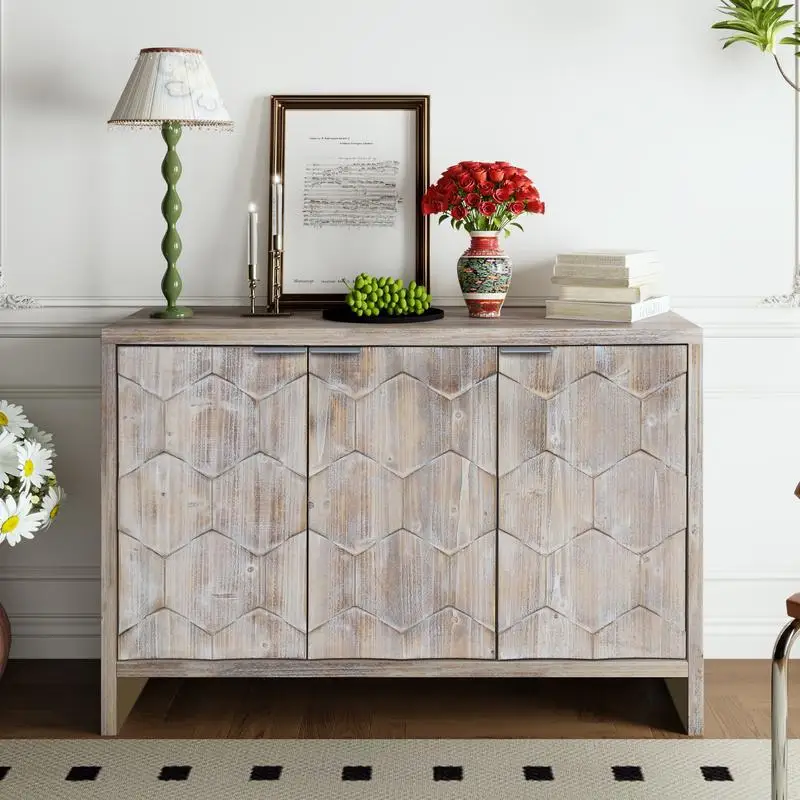 

Farmhouse Style 3-Door Wooden Accent Cabinet Sideboard Buffet Storage for Living Room Entryway Hallway Office Kitchen Dining,