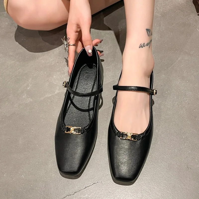 Thick Low Heels Women Pumps Cross Silver Mary Jane Square Toe Single Shoe Women's  New Spring Solid Casual Buckle Loafers