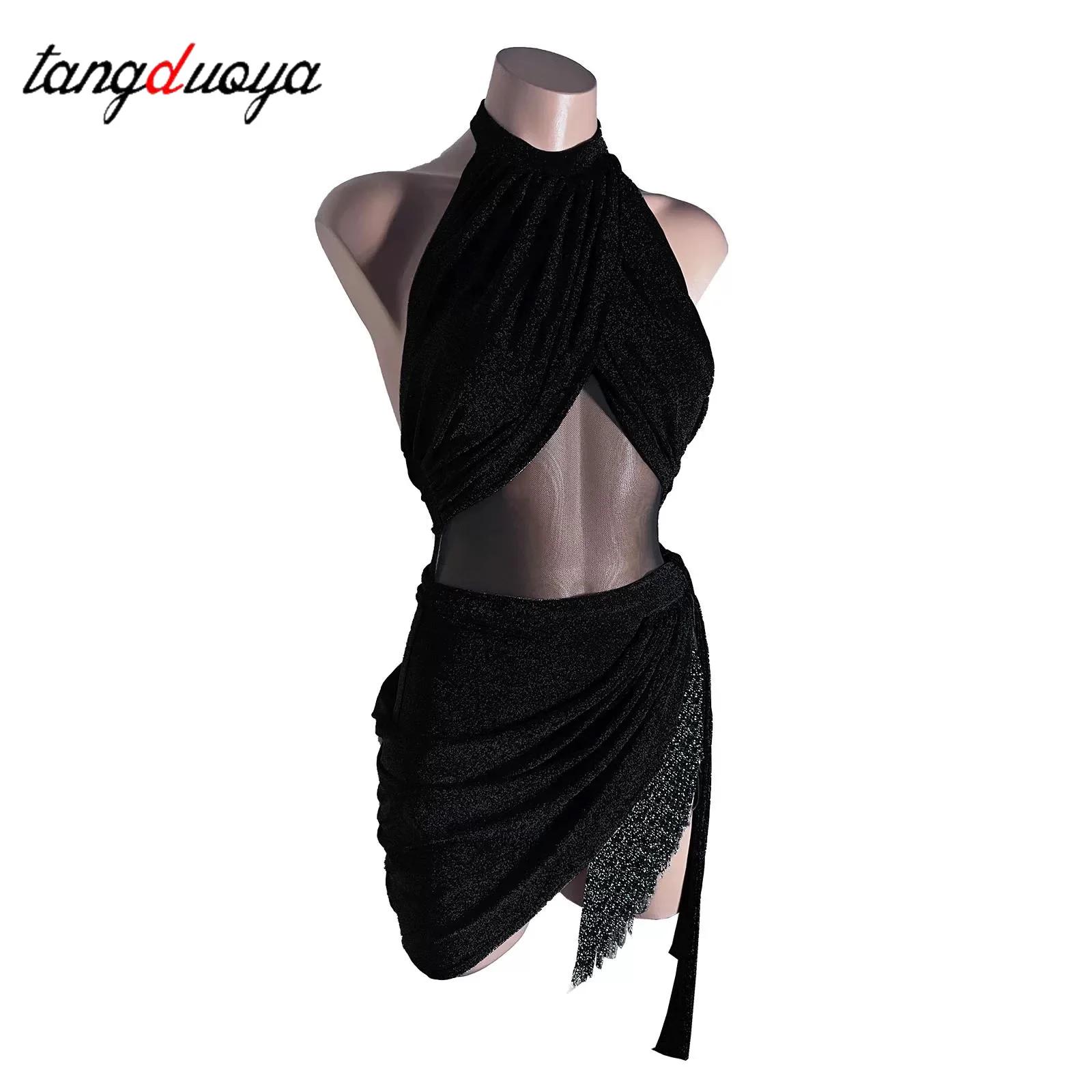 Women Latin Dance Dress Suit Shiny Stage performance costume Backless Top Fringed Skirt Chacha Ballroom Training Performance Set