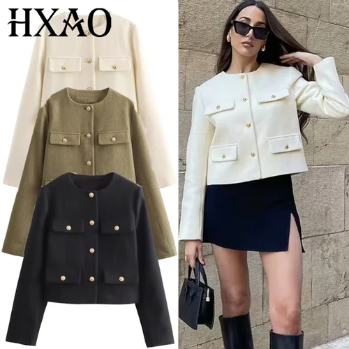 HXAO, prendas de vestir exteriores para mujer, chaqueta recortada de manga larga de otoño para mujer, abrigos cortos de entretiempo con botones de invierno, abrigo elegante para mujer