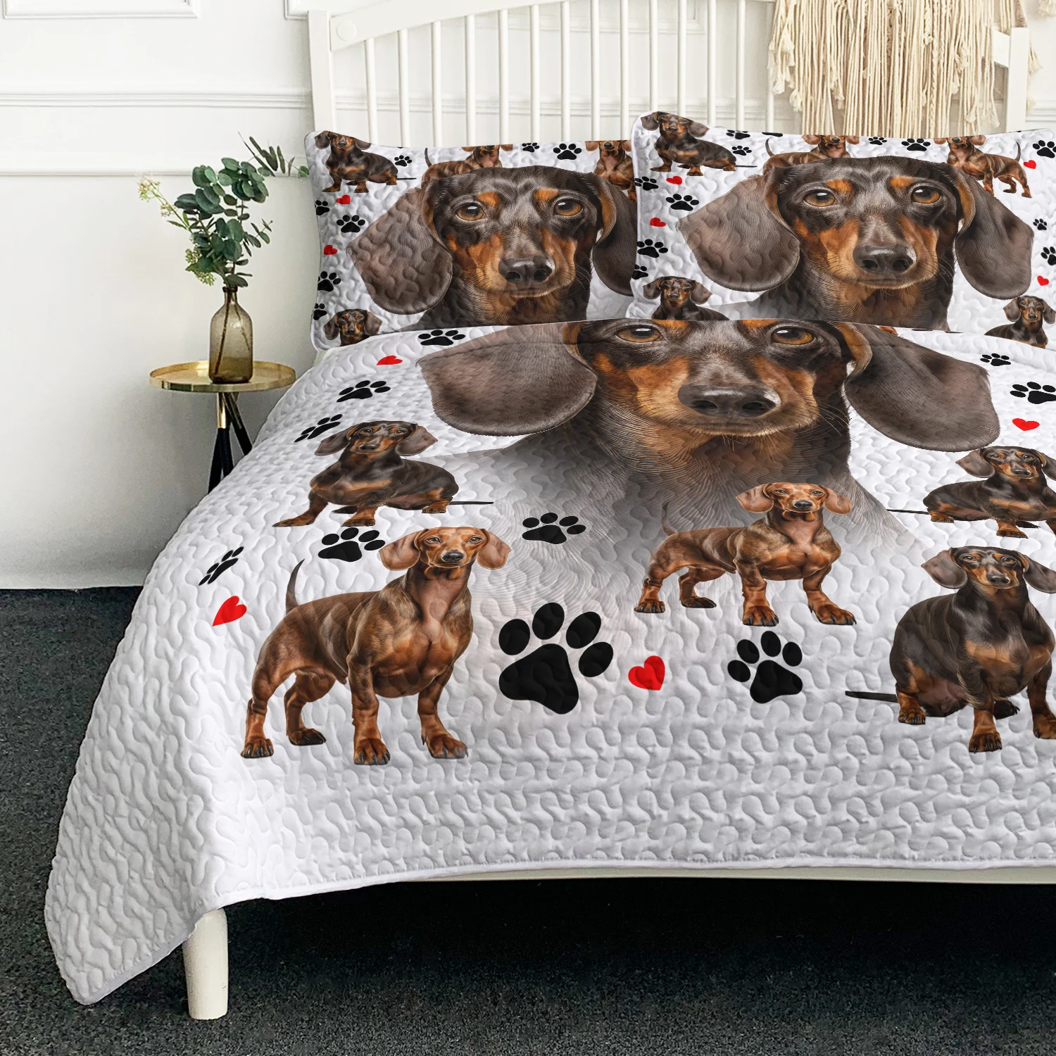 

3PCS Kawaii Dachshund Dogs Sausage And Paws Printed Quilt Set Cartoon Puppy Animal Comforter With 2 Pilowcases Bedspread Set