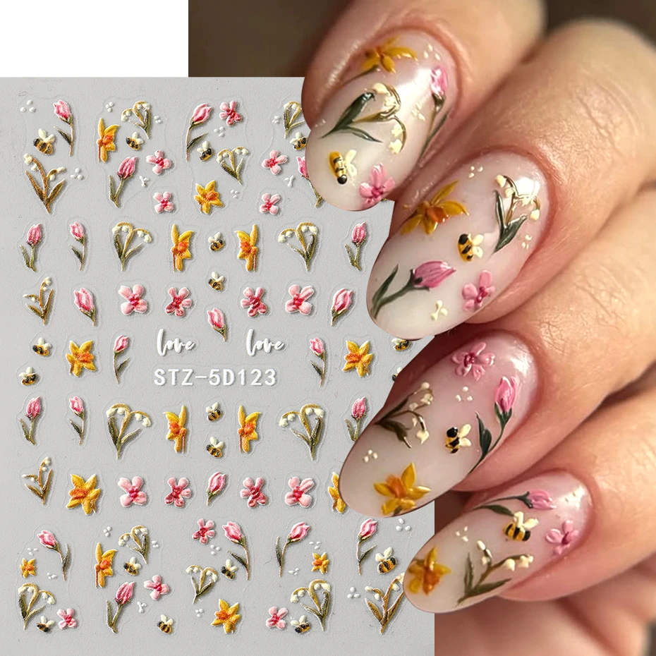 5D geprägte Kawaii Marienkäfer Sliders Frühling weiße Gänseblümchen Blumen Nagelaufkleber DIY einfache Blütenblätter Hochzeit Nägel Abziehbilder Zubehör