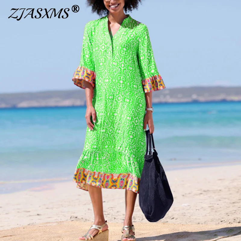 Neue Mode Damen V-Ausschnitt A-Linie Boho Kleider Sommer Vintage Muster Drucken Lose Kleid Casual Halbarm Patchwork Strandkleid