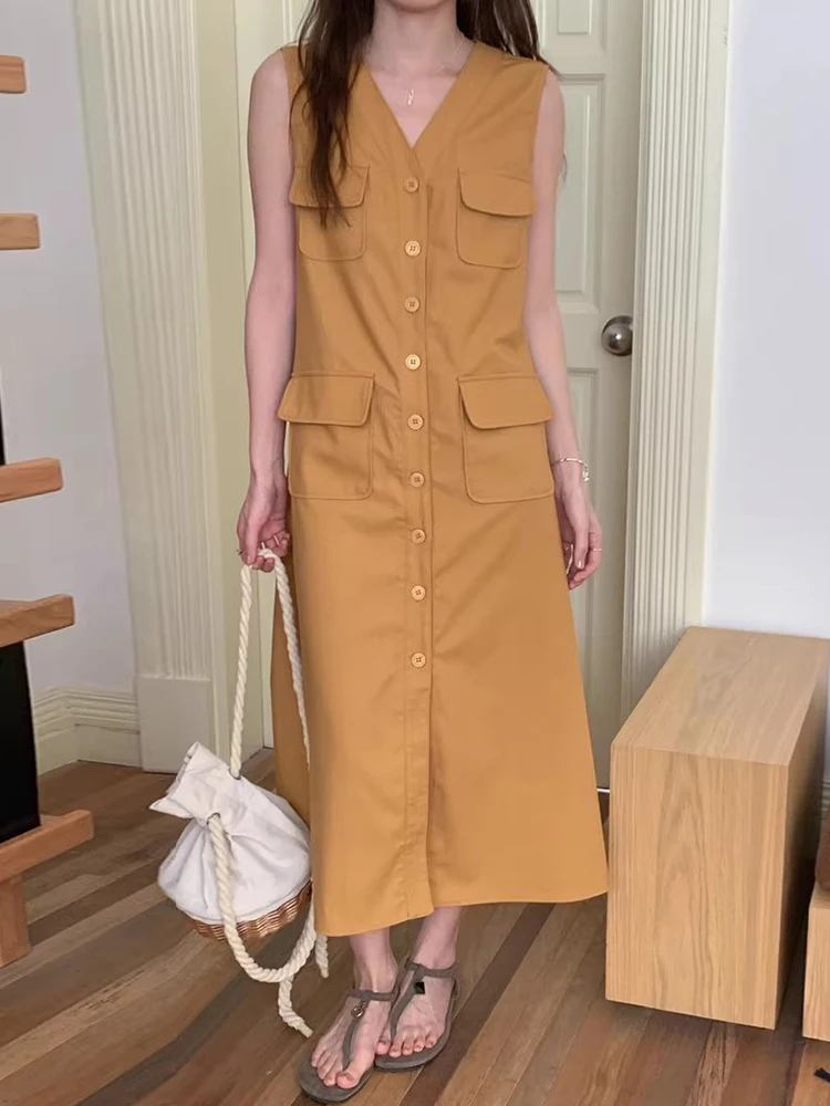 Liangliang Retro Workwear เสื้อกั๊ก Dr ผู้หญิงฤดูร้อนใหม่ Elegance V-ne Svel ยาว Dr Multi-ket เดินทางเอวสูง