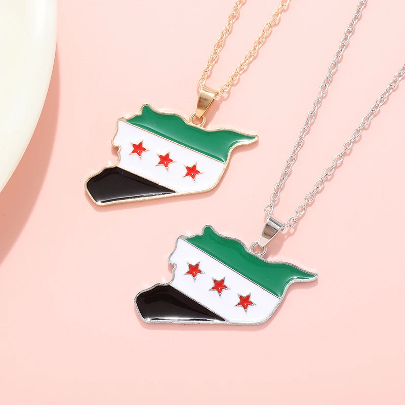 Syria Map Flag Necklaces Gold Silver Vintage Alloy Pendant Keychain Men Women Syrians Map Hanging Chain Fashion Decoration