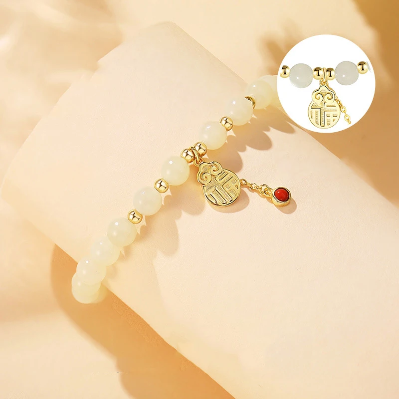 

Guofeng Gourd Hetian Jade Hand String Ladies 925 Sterling Silver Women's White Jade Crystal Beaded Bracelet Fashion Jewelry