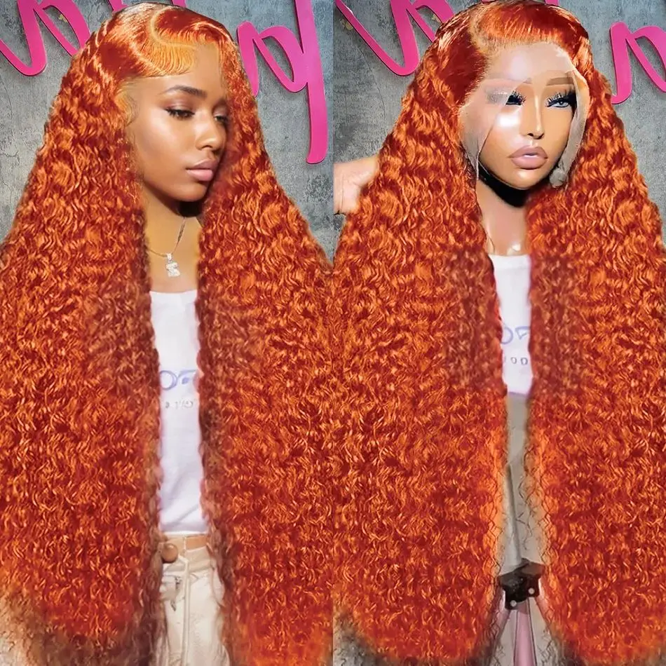 13x6 Deep Wave Lace Front Human Hair Orange 200 Density Curly Ginger Brazilian Hair Lace Frontal Wig  For Black Women