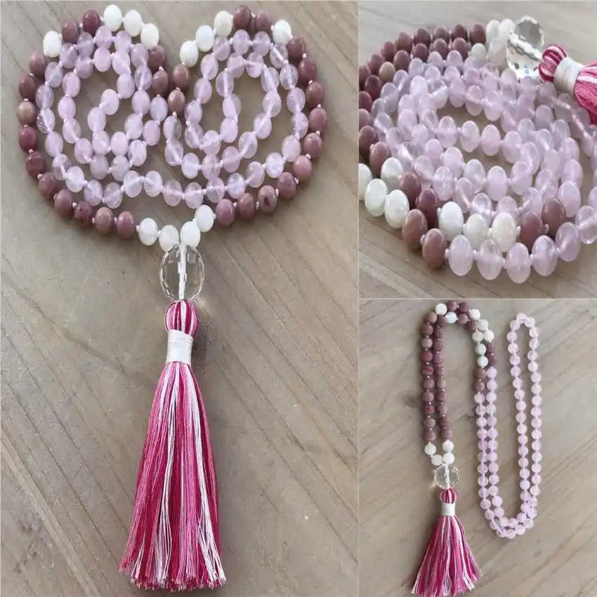 8mm Natural Rhodonite 108 Beads Tassel Knot Necklace Opera length Prayer Crystal Rustic Women Peace Men Hipster Unisex Spiritual