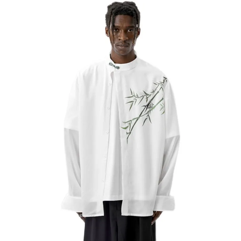 

New Chinese style ice silk long sleeved shirt, Chinese style summer high-end retro printed top, Hanfu plus size men's shirt