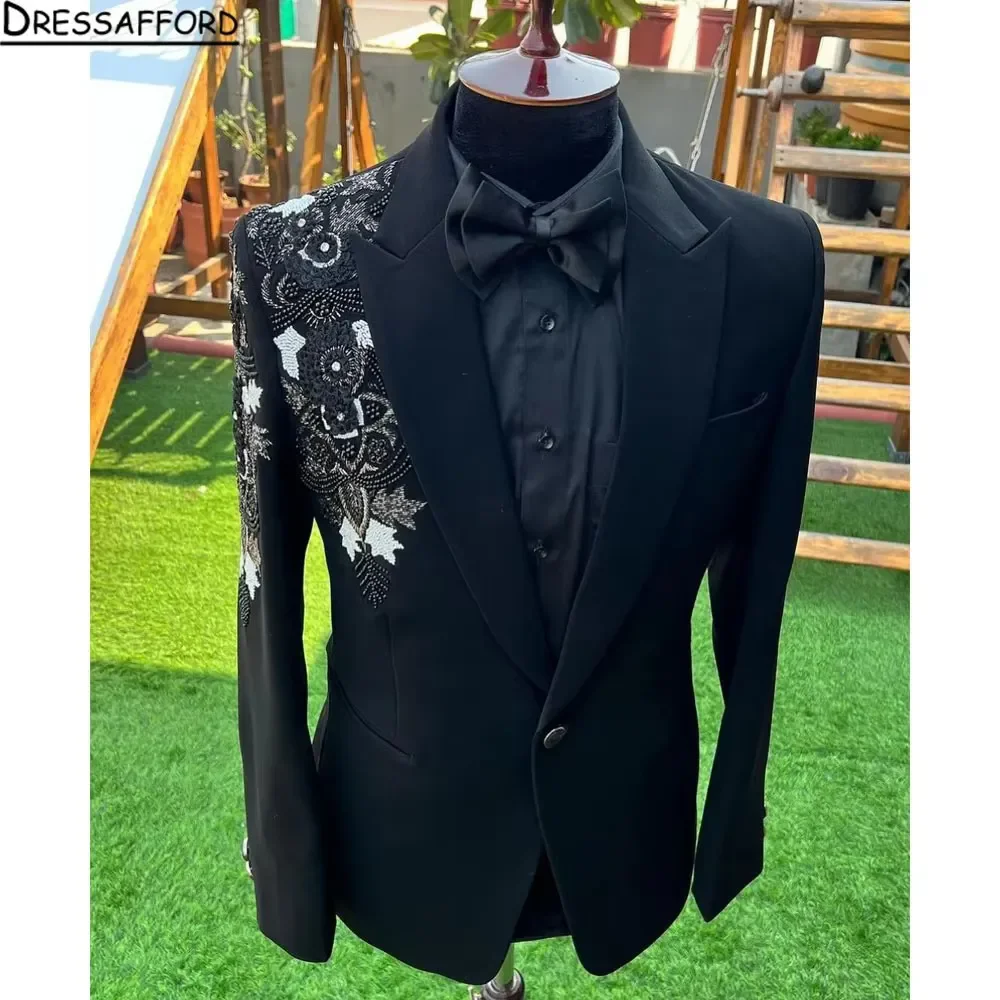 Black Blazers Men Suits Sequined Appliques Beading Fashion Banquet 2 Piece Business Jacket Pants Trousers