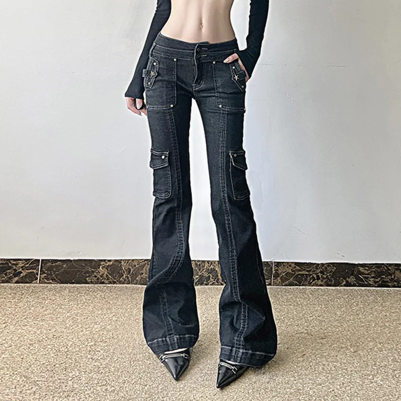 

2025 Ropa Y2K Style Rivet Black Low Rise Slim Flared Cargo Jeans Pants For Women Clothing Old Lady Denim Trousers Pantalon Femme