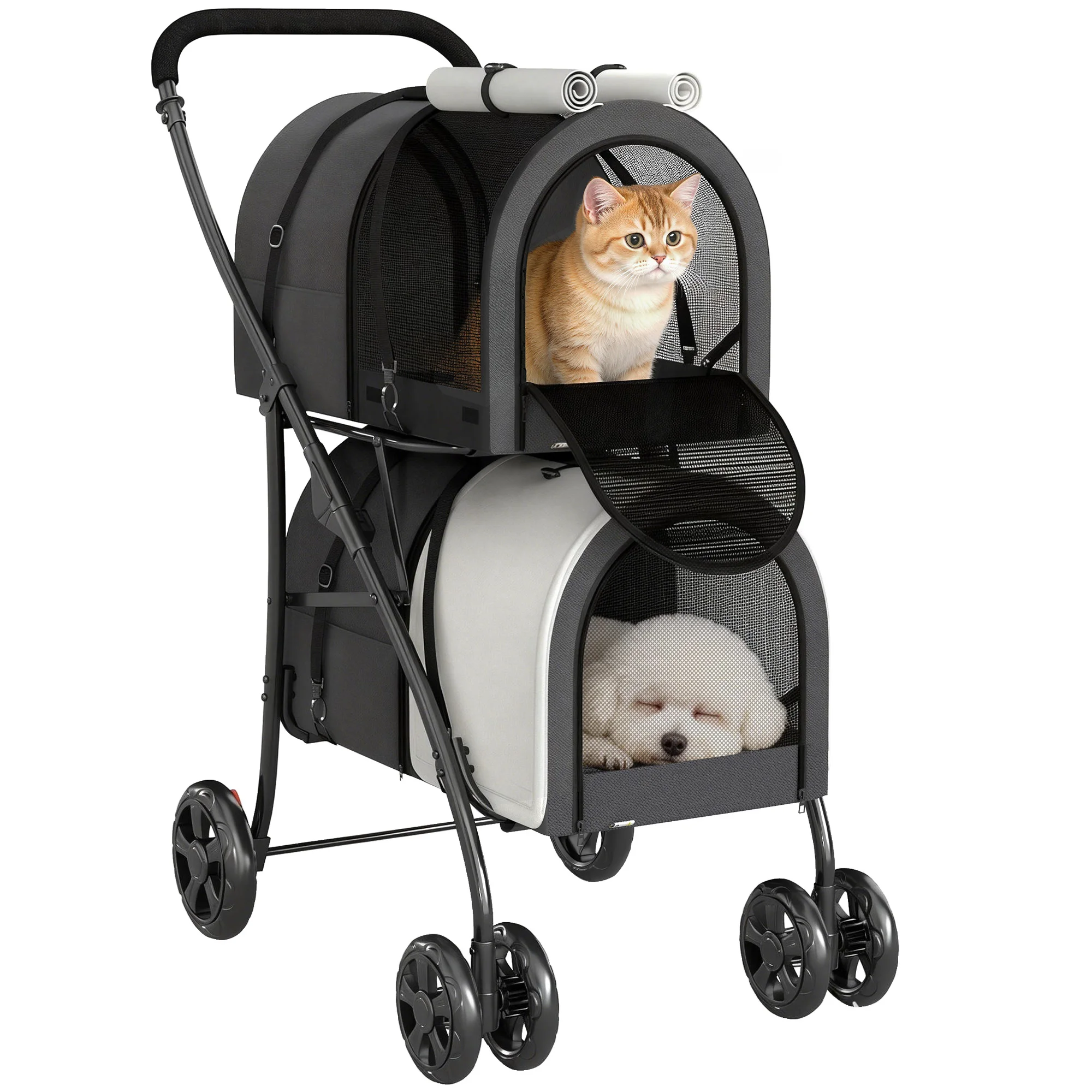 PawHut Carrito Doble para Perros Gatos Plegable con 2 Transportines Extraíbles con Cinturón y Cojines 66x50x98cm Gris Oscuro