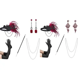5pcs 1920s Dressed Up Ball Wearing Feather Headband Gloves Earrings Necklace Female Flapper Girl Gatsby Accessories For Party