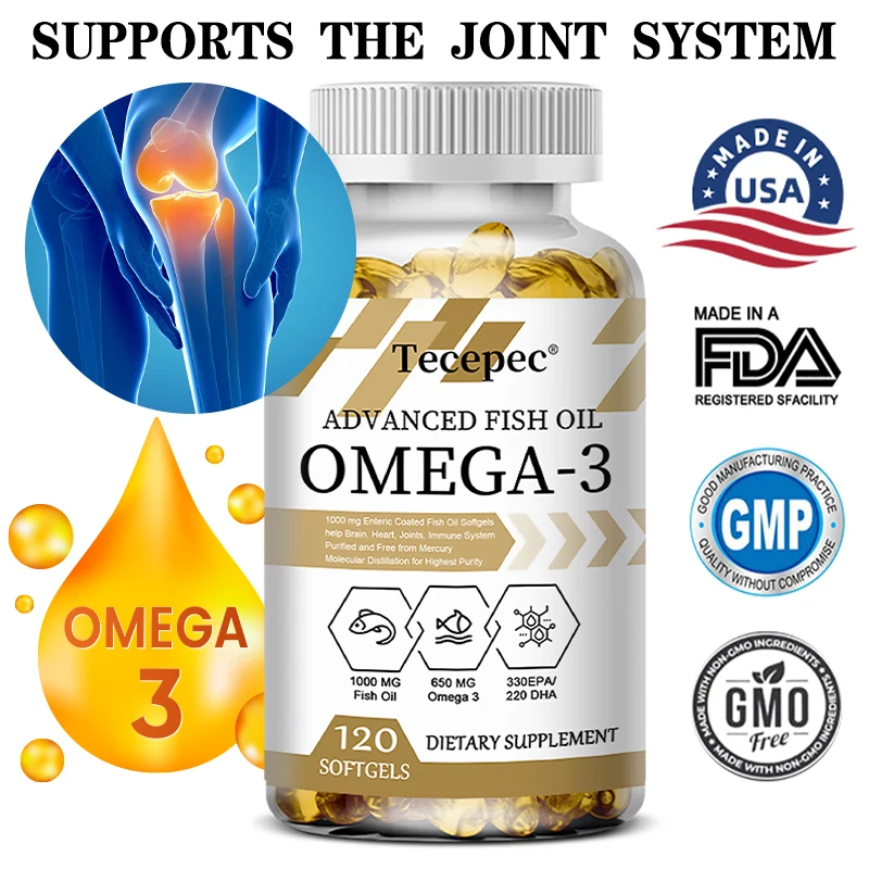 Omega 3 Fish Oil Softgels - Rich in EPA DHA, Helps Immune Brain Joint & Heart Health Non-GMO Gluten-Free Dietary Supplement