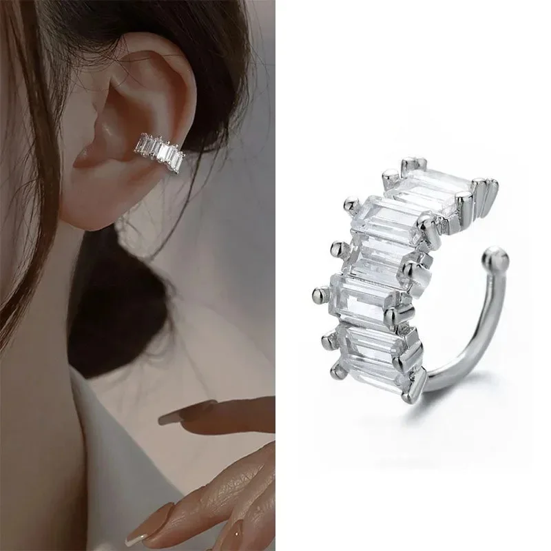 1 Stück Unregelmäßige Quadratische Zirkon-Ohrklemme für Frauen Geometrischer Ohrclip Party Mode Silberfarbener Schmuck Geschenke