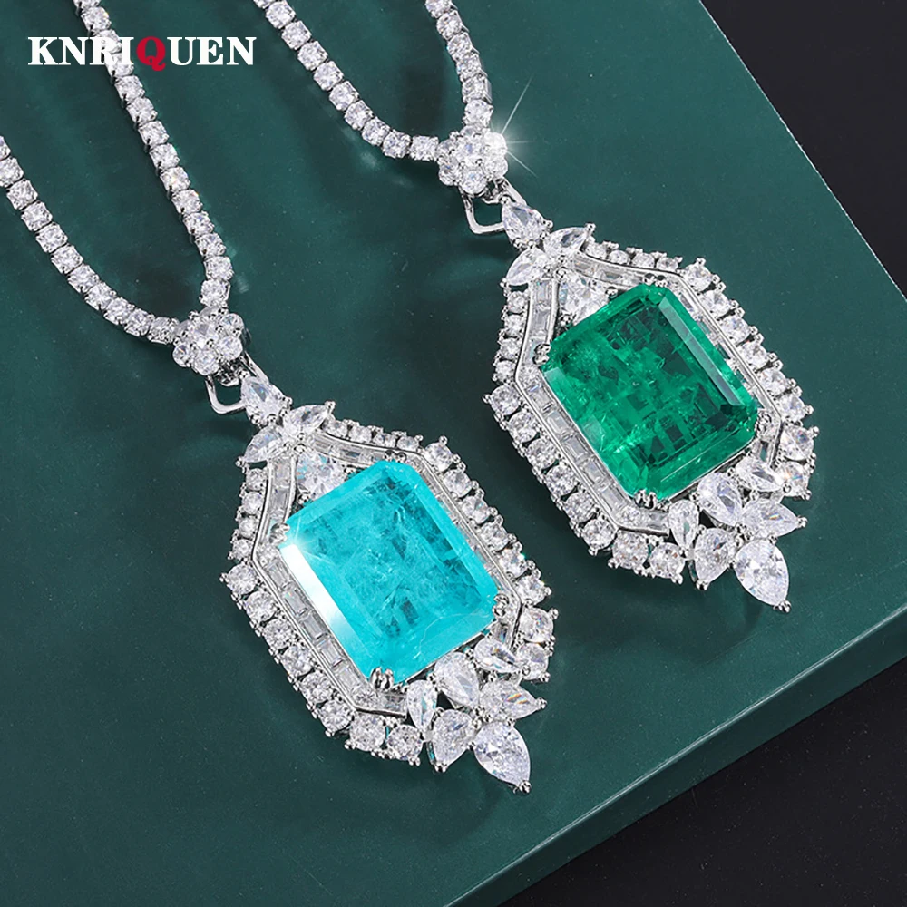 Vintage 15*20mm Emerald Paraiba Tourmaline Pendant Necklace All Match Tennis Chain for Women Lab Diamond Party Fine Jewelry Gift