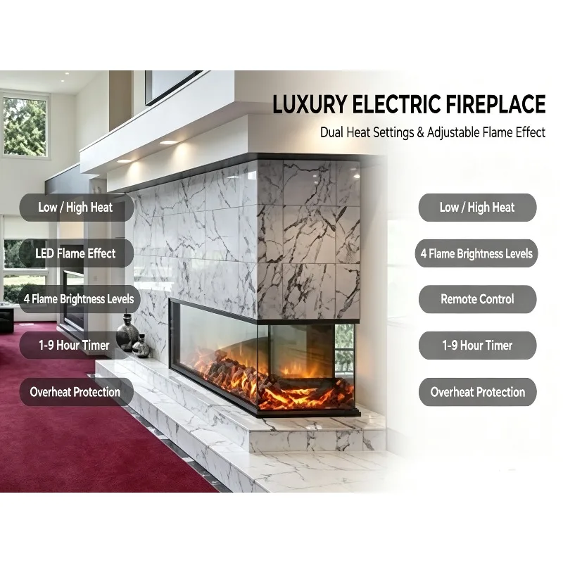1800mm Built-In Two-sides Decorative Electric Fireplace Insert Multicolor LED Light Adjustable Thermostat Household English