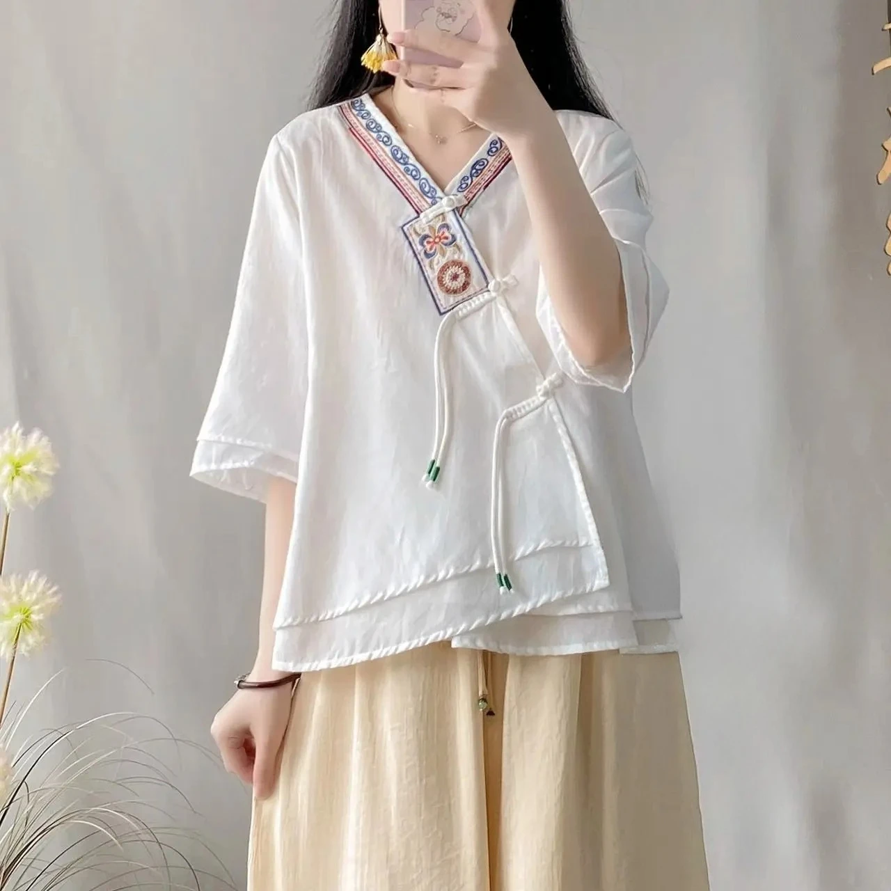 

Chinese Vintage Slant Collar Button Shirt Summer
