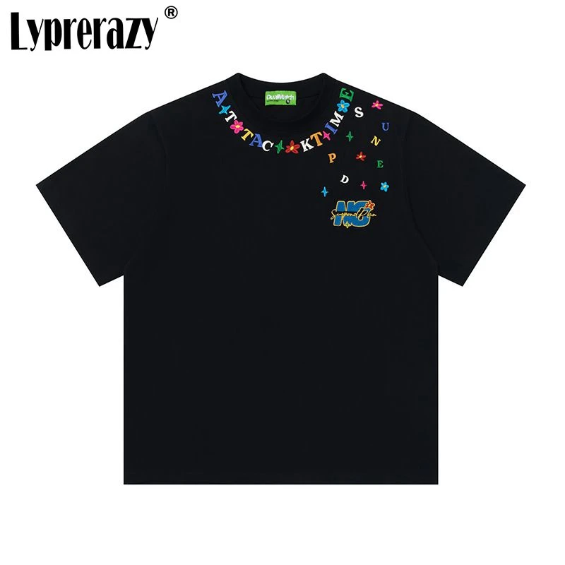 

Lyprerazy Chinese-style Fashion Letter Embroidery T-shirt Round-neck Short-sleeved Top Colorful T Shirt