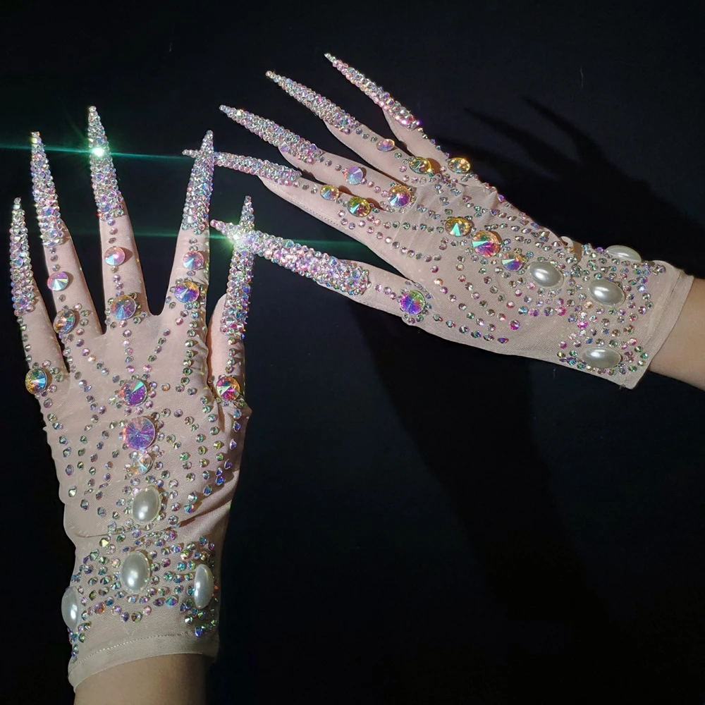 Guantes de perlas de diamantes de imitación AB para mujer, lujosos guantes de uñas de longitud grande, traje de Drag Queen, accesorios de actuación