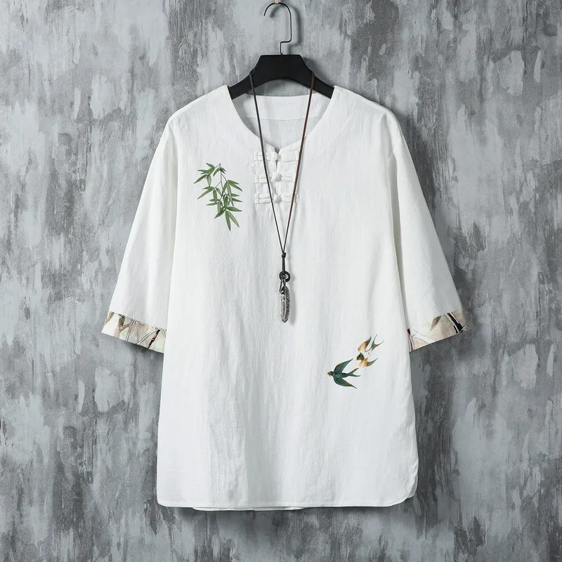 2025 여름 신상 고품질 남성 셔츠 프린트 면마 혼방 싱글 버튼 중간 소매 셔츠 탑