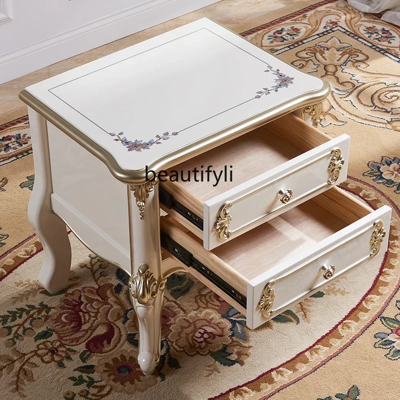 

Cy56 European bedside table Bedroom solid wood locker Luxury champagne gold, French engraved simple white