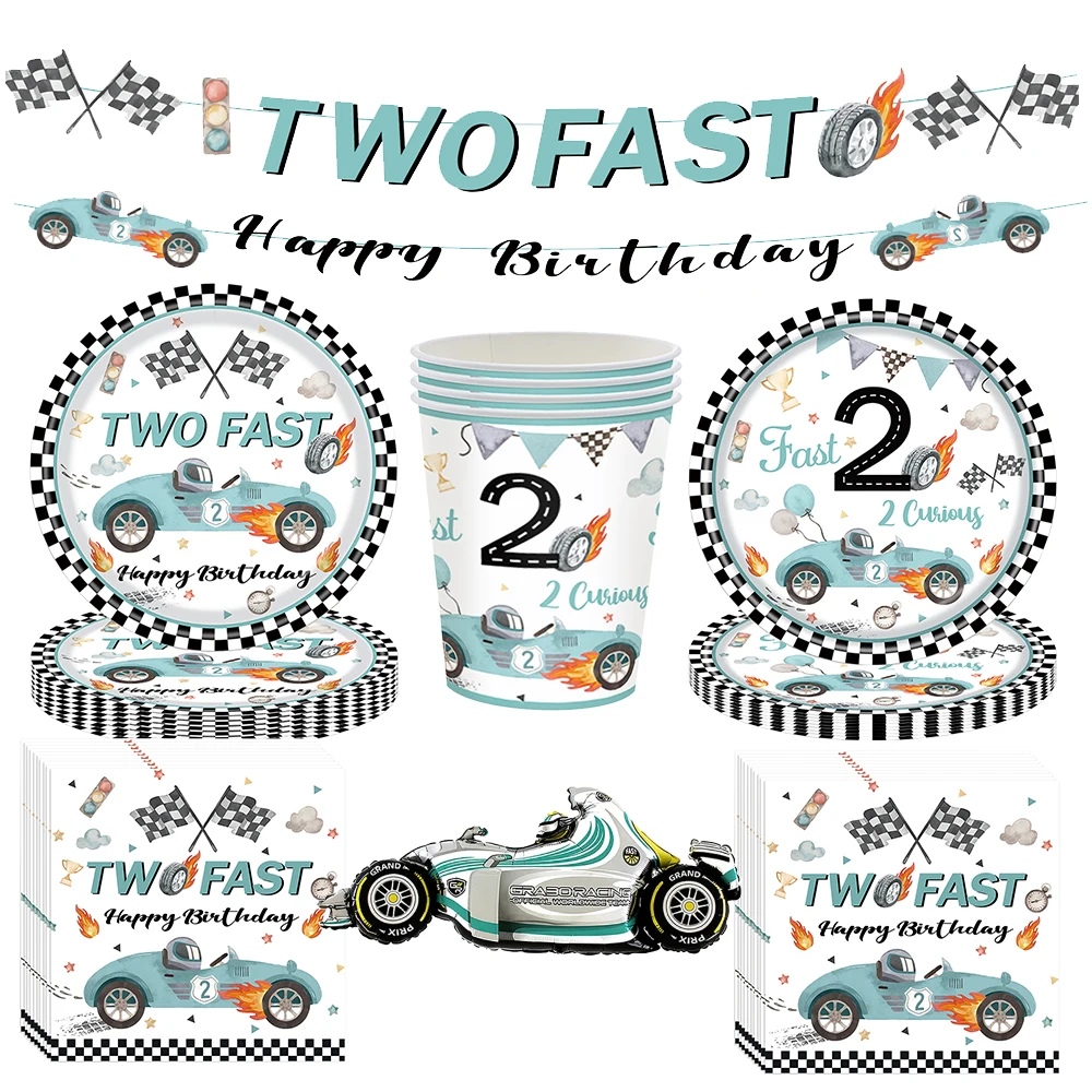 Two fast Racing car party plates cup napkin tablecloth tableware race car balloon kids two fast birthday party decoration Banner