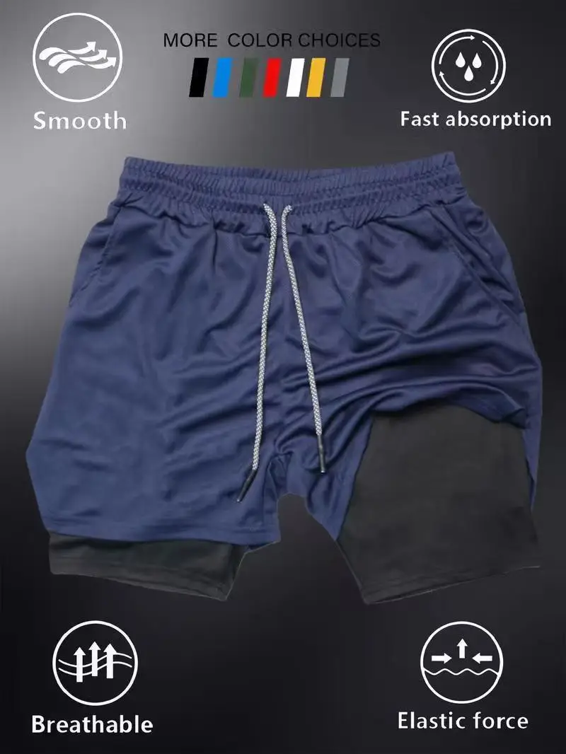 2026 Summer New Men Running Breathable Training Double layer Sports Shorts Elastic Quick drying Fitness Fashion Beach Pants