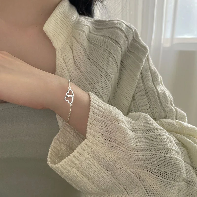 New Silver Color Double Heart Bracelet & Bangle for Women Fine Fashion Jewelry Wedding Party Gift New Trend