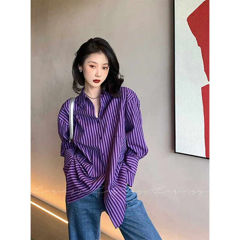 MEXZT Streetwear Striped Shirts Women Korean Oversized Long Sleeve Blouses Bf Office Lady Harajuku Vintage Casual All Match Tops