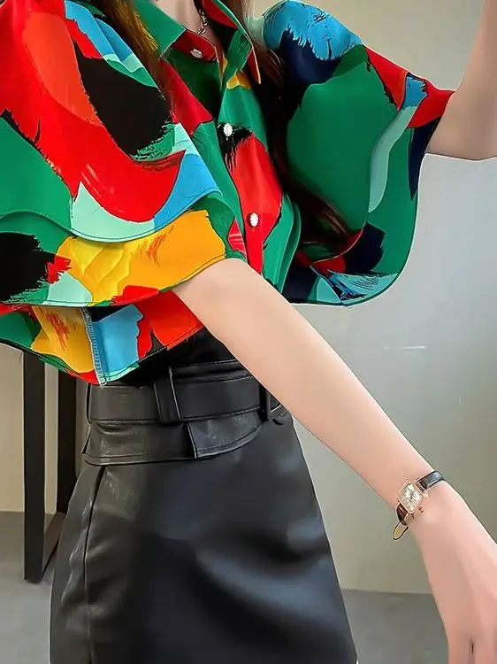 

Цветной принт с принтом, свободный женский летний топ с воротником irt Dry Chiffon Faion, корейский повседневная одежда