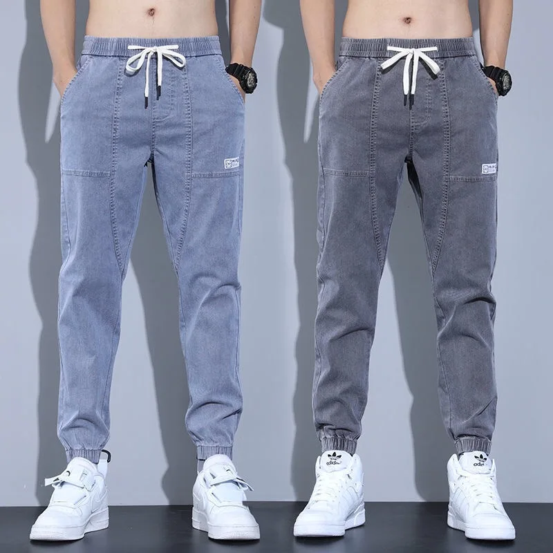 Men's Denim Jeans Elastic Waist Workwear Casual Trendy Spring Autumn New Style Loose Fit Harlan Pants Nine Points Trousers