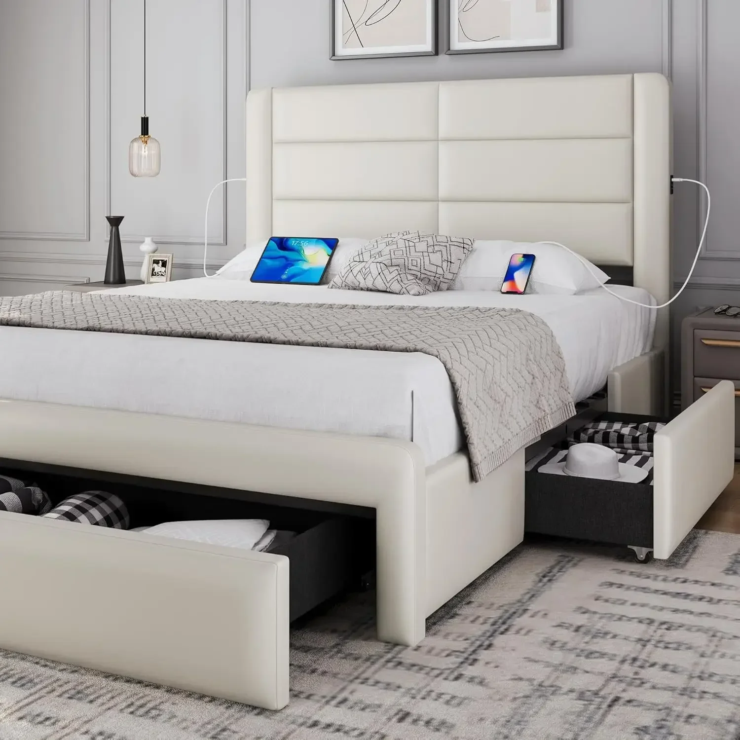 Queen Size Bed Frame with 2 USB Charging Station/Port for Type A&Type C/3 Storage Drawers, Leather Upholstered Platform Bed