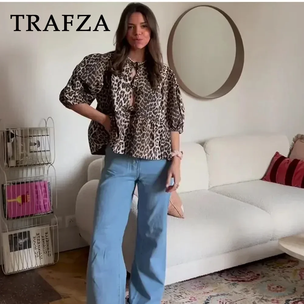 TRAFZA 2024 Spring Summer Casual Leopard Shirts Women Fashion Vintage Lace Up Loose Blouses O Neck Chic Elegant Female Tops