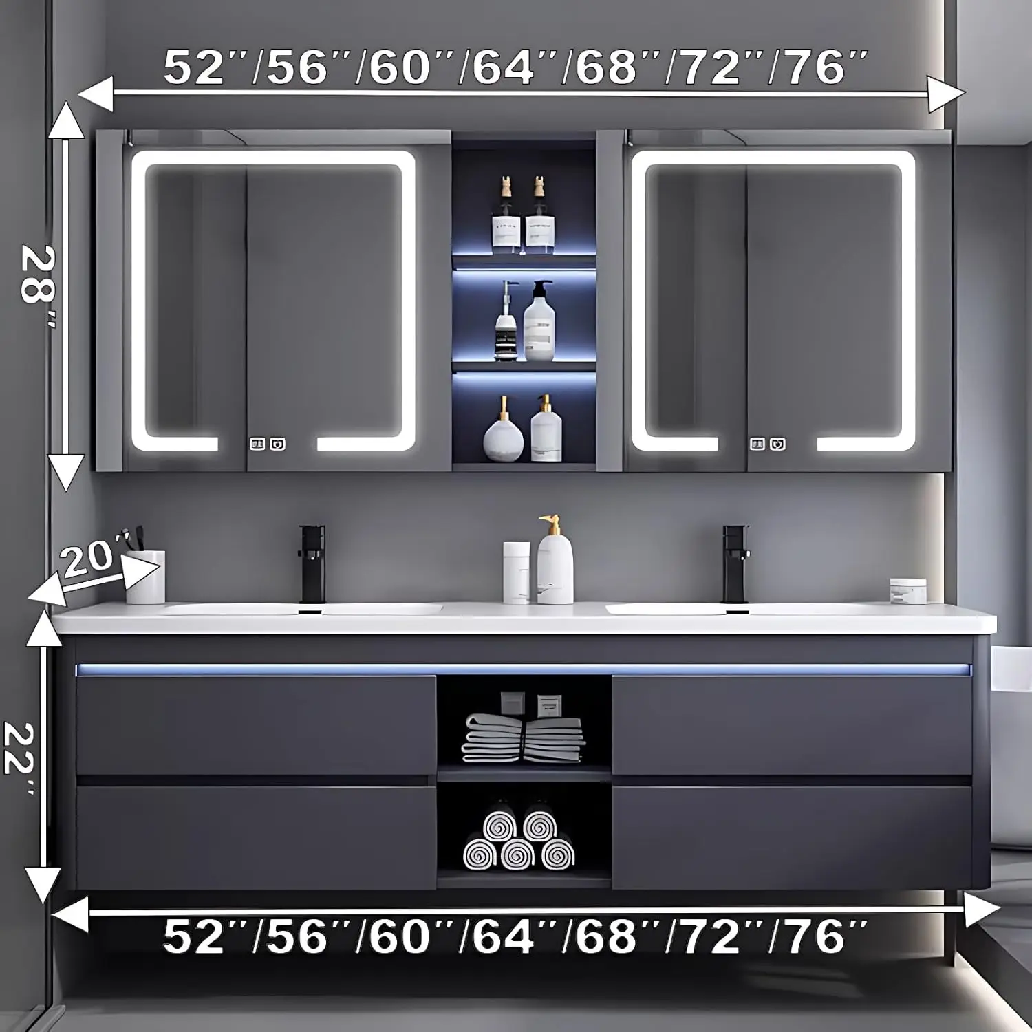 Modern Double Sink LED Anti-Fog Mirror Wall-Mounted Floating Bathroom Vanity Cabinet Ceramic Basin Sensor Light 5-Year Warranty