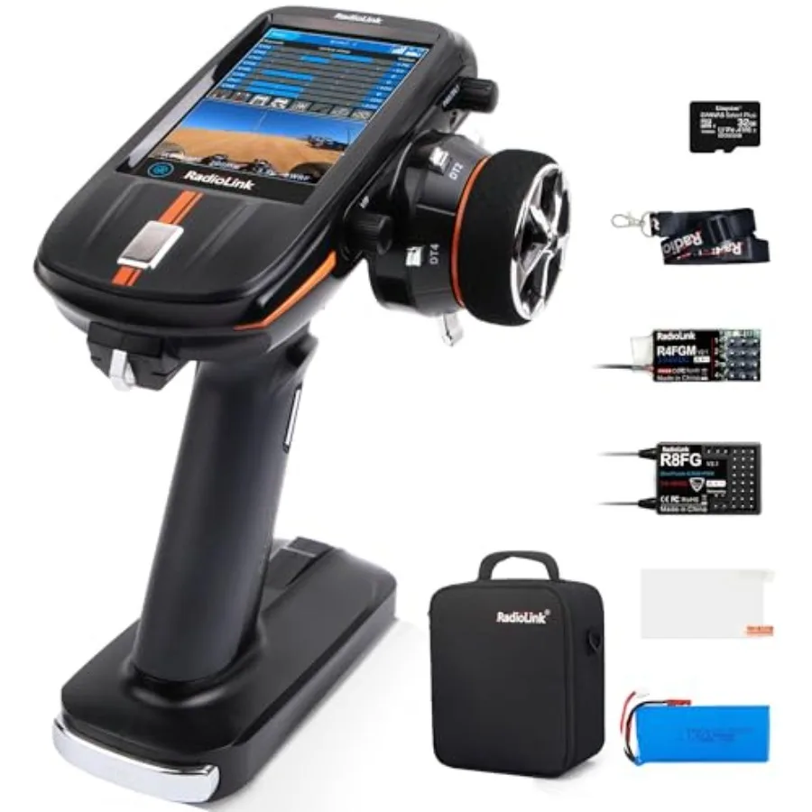 RC crawler drifting cars boats: aluminum alloy remote controller, black with blue accents, 4.3 IPS touch screen, 600m range, 20