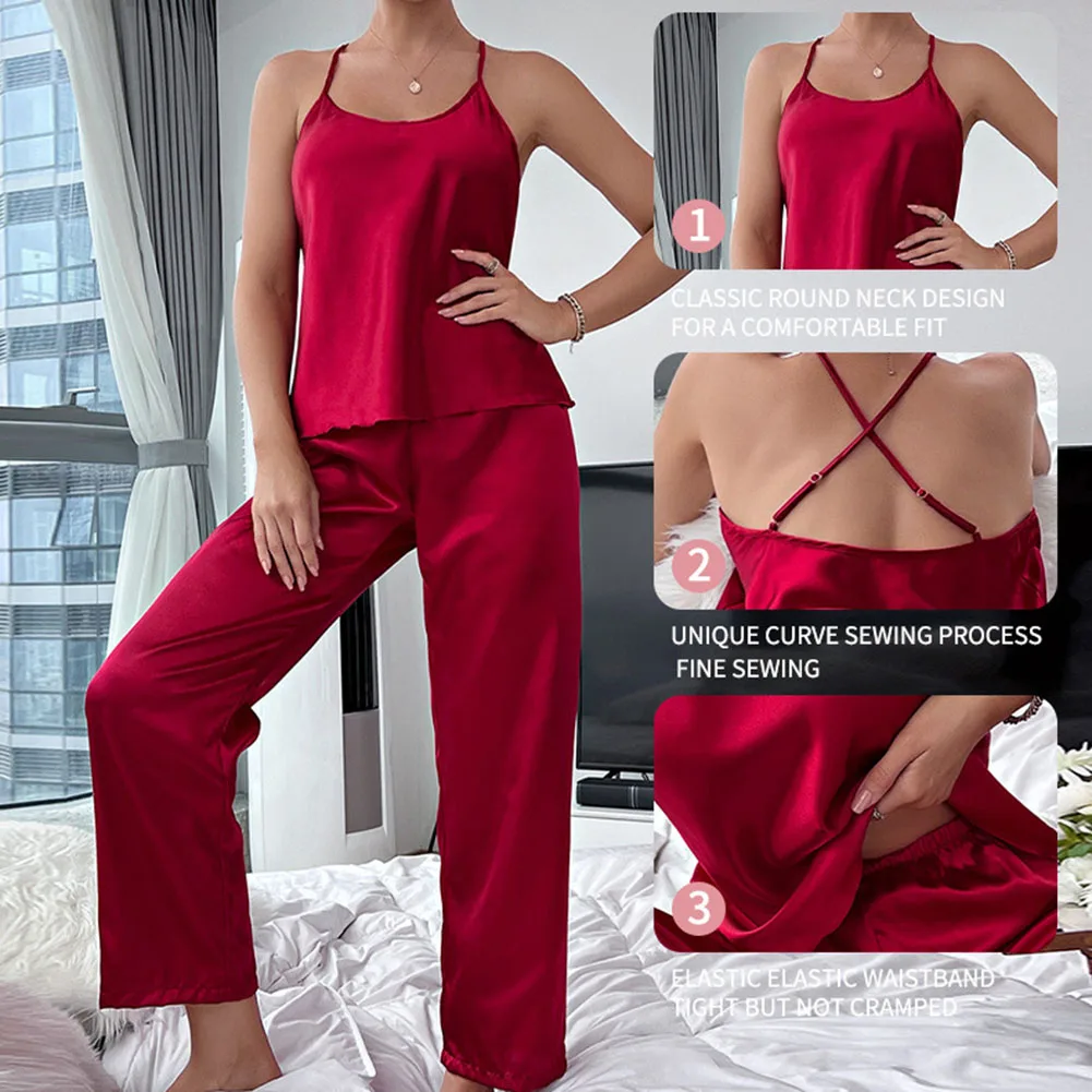 Womens IceSilk Home Clothes Oily Shiny Solid Color Breathable Backless Classic Suspenders Pants Soft Sleep Suit Pajamas