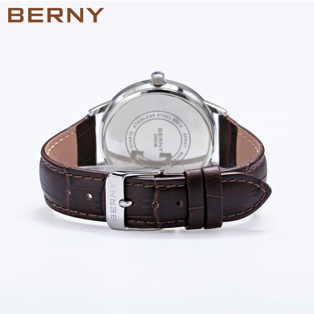 BERNY Men Quartz Watch Waterproof Miyota 2035 Movement Genuine Leather Buckle Luxury Top Brand Bussiness Fashion Watch for Men