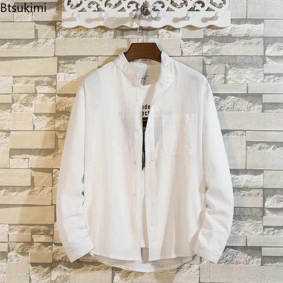 

2026 однотонные хлопковые льняные рубашки, весна-лето, мужские винтажные повседневные топы с воротником-стойкой и длинными/короткими рукавами для мужчин, рубашки-пальто
