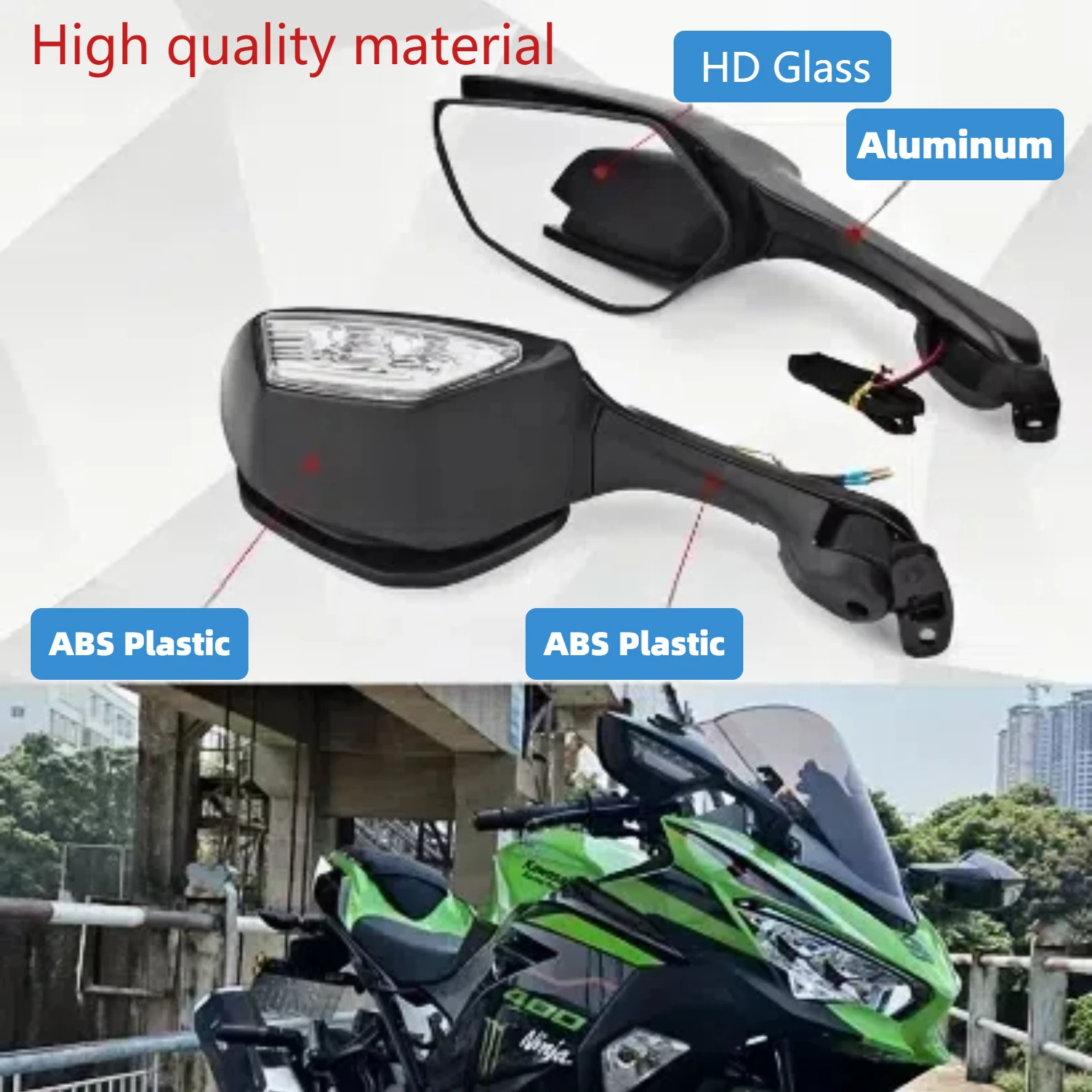 

Motorcycle Adjustable Rearview Mirror Side Mirror with Signal Light For Kawasaki NINJA400 ZX10R ZX6R