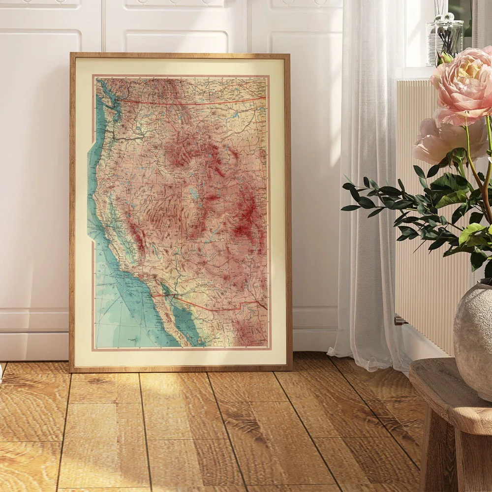 Geography Map of West Coast of United States Painting Canvas Print, Living Background Wall Decorations, Home Decor Souvenir