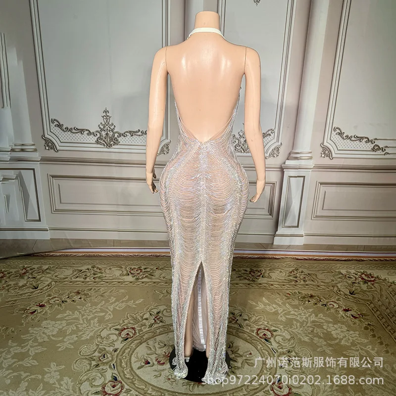 Elegancka sukienka wieczorowa z odkrytymi plecami i rozcięciem, idealna na roczne spotkanie firmowe, do klubu mody, na czerwony dywan, na wybieg, do występów na żywo i na wyjście.