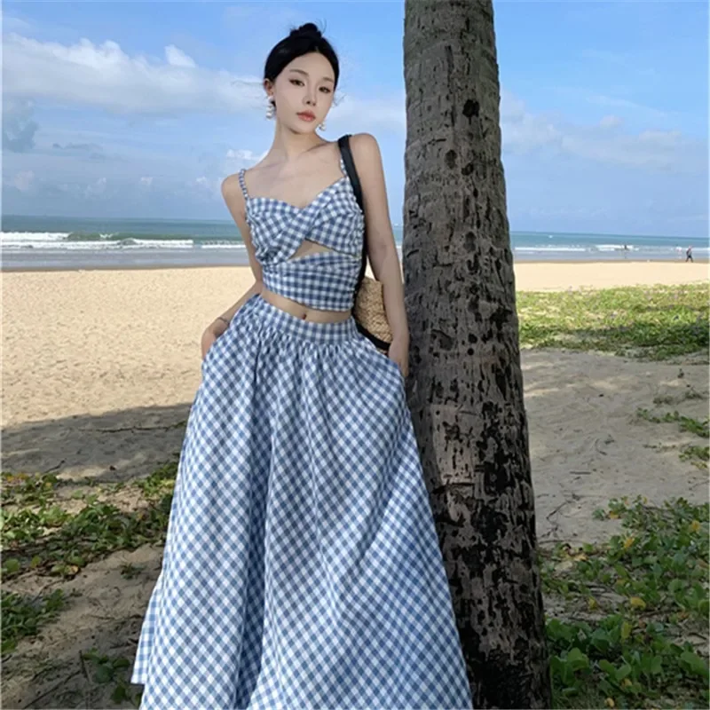 Summer Holiday Beach Blue Plaid 2pc Dress Suits Women Vacation Fashion 2 Pieces Open Back Short Camis Top&Long A Line Skirt Sets