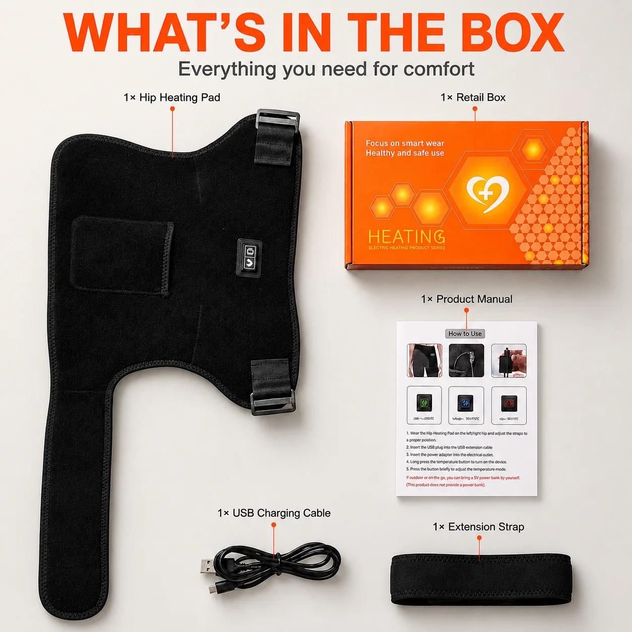 USB Red Light Hip Thigh Heating Wrap 105 LED Beads 3 Heat Levels 3 Massage Modes Wearable Support for Long Sitting Work Travel