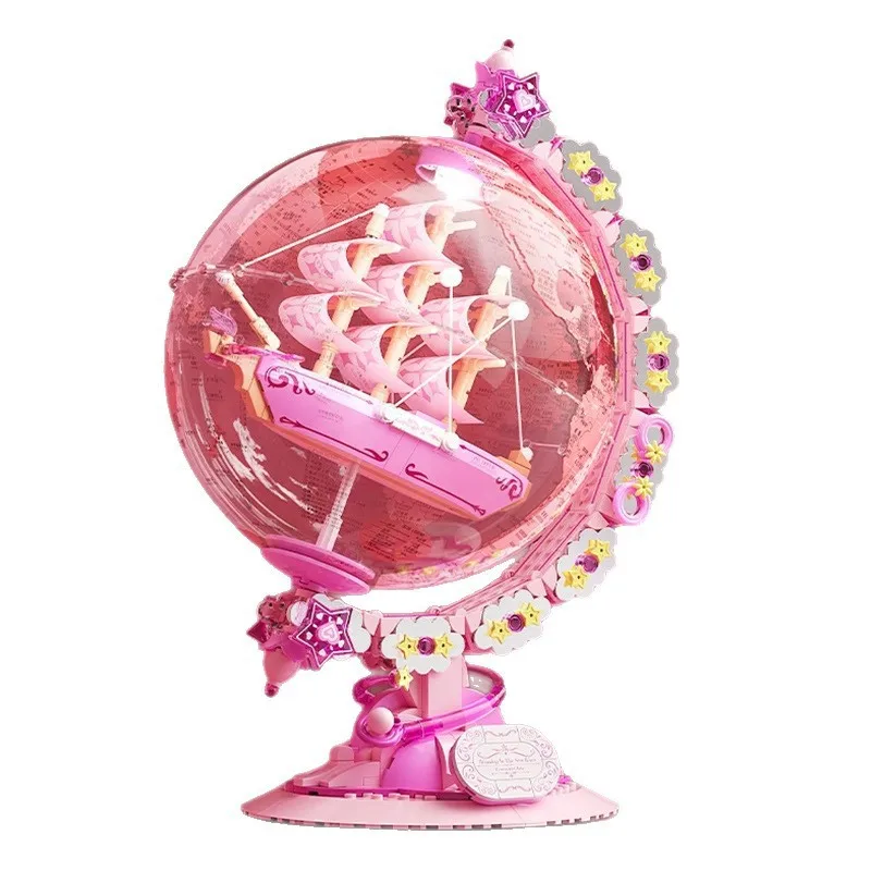 Pink Sailboat Globe Model Building Blocks Kit Assembled Ornaments Desktop Decoration Bricks Toy Girl Birthday Gift